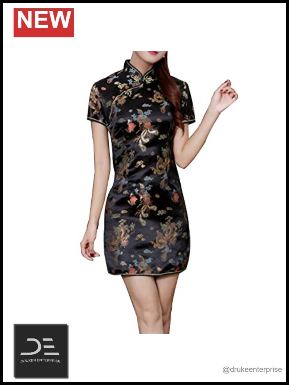 Cheongsam Dress Qipao Slim Fit Mandarin Collar Side Slit Floral Dragon Print